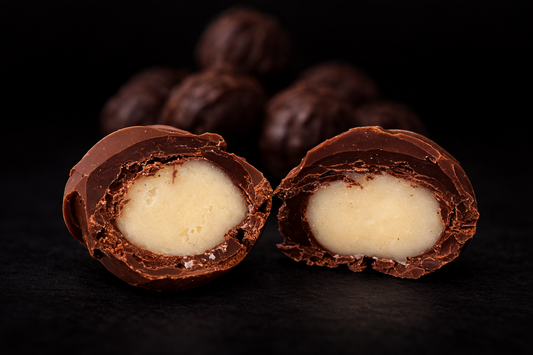 Marcipantrøfler i mørk sjokolade med sjokoladeganache